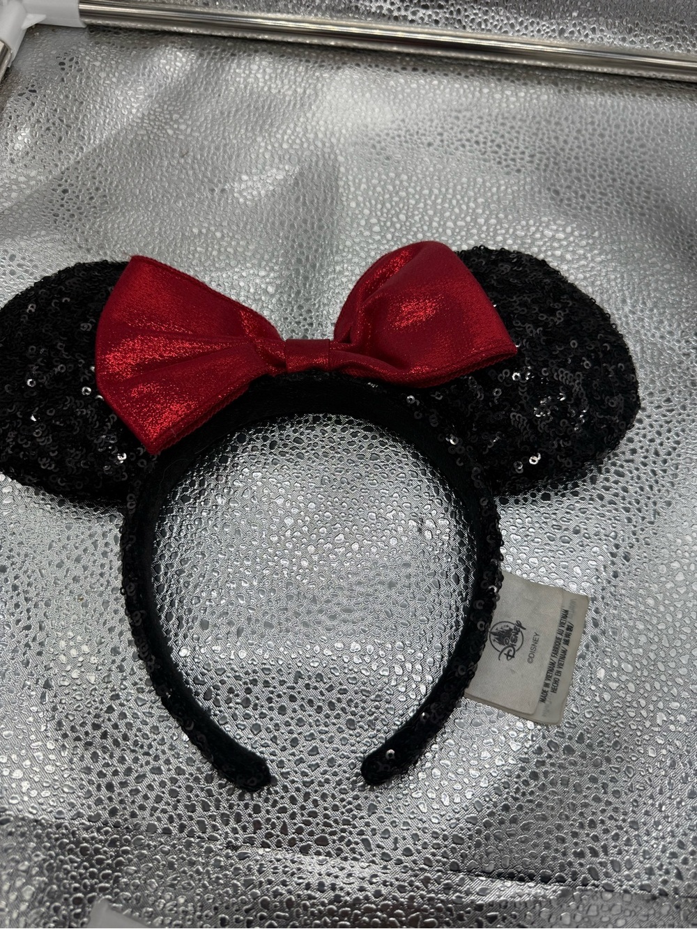 Disney Parks Minnie Mouse Black Sequin Ears Headband Red Bow Classic Mickey Ears